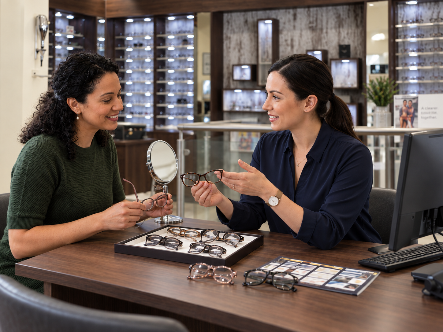 A frame consultation, with two women discussing spectacles at an optical dispensing desk